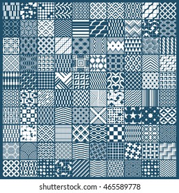 Set of vector endless geometric patterns composed with different figures like rhombuses, squares and circles. Graphic ornamental tiles made in black and white colors.