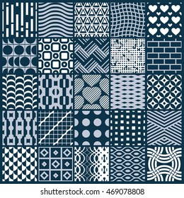 Set of vector endless geometric patterns composed with different figures like rhombuses, squares and circles. Graphic ornamental tiles made in black and white colors.