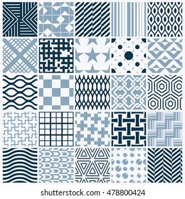 Set of vector endless geometric patterns composed with different figures like rhombuses, squares and circles. Graphic ornamental tiles made in black and white colors.