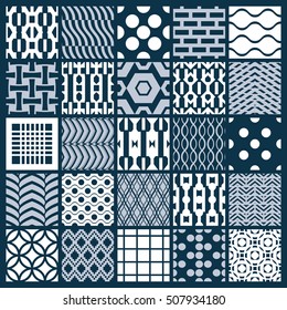 Set of vector endless geometric patterns composed with different figures like rhombuses, squares and circles. Graphic ornamental tiles made in black and white colors.