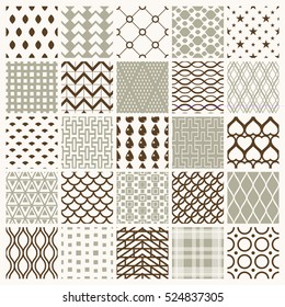 Set of vector endless geometric patterns composed with different figures like rhombuses, squares and circles. 25 graphic tiles with ornamental texture can be used in textile and design.