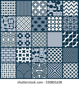 Set of vector endless geometric patterns composed with different figures like rhombuses, squares and circles. Graphic ornamental tiles made in black and white colors.