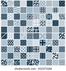 Set of vector endless geometric patterns composed with different figures like rhombuses, squares and circles. Graphic ornamental tiles made in black and white colors.
