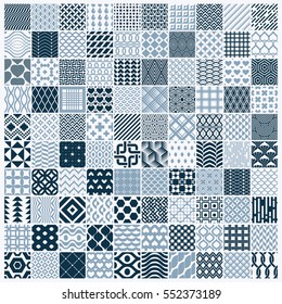 Set of vector endless geometric patterns composed with different figures like rhombuses, squares and circles. Graphic ornamental tiles made in black and white colors.