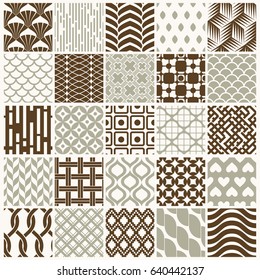 Set of vector endless geometric patterns composed with different figures like rhombuses, squares and circles. 25 graphic tiles with ornamental texture can be used in textile and design.
