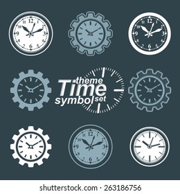 Set of vector engineering components cog wheels. Time management theme, 3d stylized invert clocks in the shape of gear.