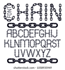 Set of vector English alphabet letters isolated. Upper case creative font  made with steel chain link, joined link.