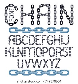 Set of vector English alphabet letters isolated. Upper case decorative font created using metal connected chain link.