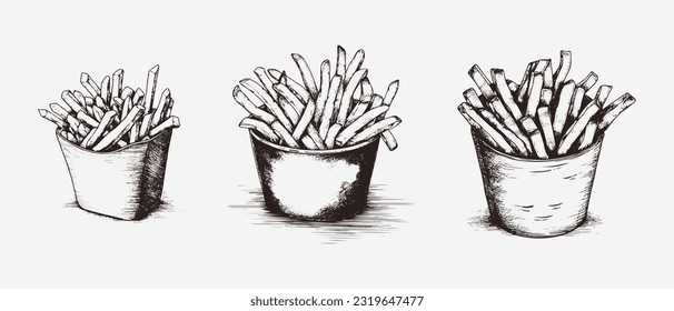 Set Vector engraved french fries potato hand drawn isolated illustration