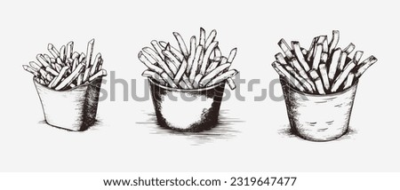 Set Vector engraved french fries potato hand drawn isolated illustration
