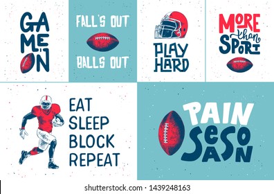 Set of vector engraved style posters, decoration and print. Hand drawn sketches of american football with modern typography and lettering. Detailed vintage etching style drawing. 