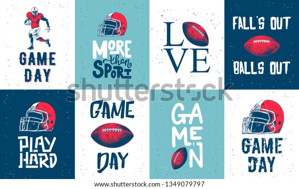 Set of vector\
engraved style posters, decoration and print. Hand drawn sketches\
of american football with modern typography and lettering. Detailed\
vintage etching style\
drawing.