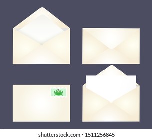 Set of vector envelopes in different positions, open envelope, closed envelope, with a stamp, envelope with letter inside