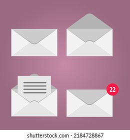 Set of vector envelopes, open and closed envelope with paper card, in white style on background with shadow.