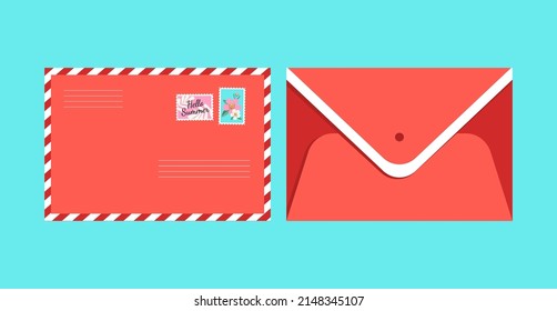 Set of vector envelopes with summer floral stamps. Postal letters - Hello Summer. Red envelopes on a blue isolated background. flat style