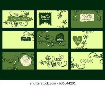 Set of vector environmental business cards. Natural products, healthy food, 100% natural