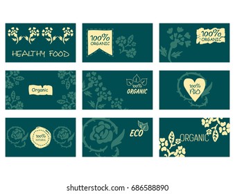 Set of vector environmental business cards. Natural products, healthy food, 100% natural