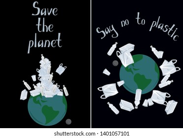 Set of vector environmental postcards. Save the planet, say no to plastic. Global problem.
