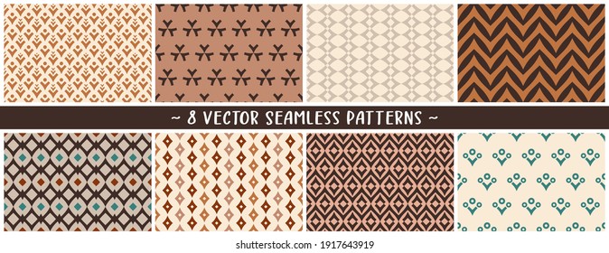 Set of vector eps geometric seamless patterns in earthy natural calming and ground hues for furnishing, apparel, architectural surfaces, graphic and web designs, digital or print it on paper products.