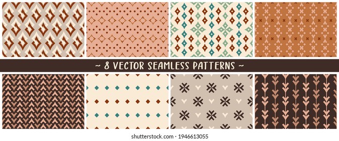 Set of vector eps geometric seamless mix and match patterns in tan, burnt oranges, pleasing champagne tones to create your custom designs, branding, packaging, furniture, interior objects and surfaces