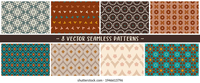 Set of vector eps geometric seamless mix and match patterns in tan, burnt oranges, pleasing champagne tones to create your custom designs, branding, packaging, furniture, interior objects and surfaces