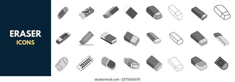 Set of vector eraser icons in various styles. Perfect for education, office, and design projects.