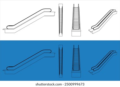 set vector escalator isometric line drawing wireframe blueprint 3d
