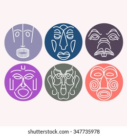 Set of vector ethnic masks of the characters of the ancient gods of the Mayan, African and Asian tribes
