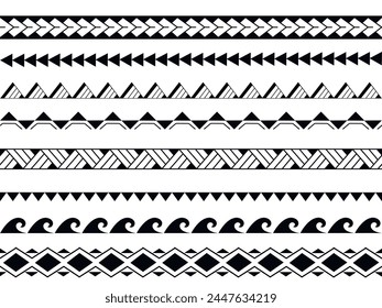 Conjunto de Vector étnico sin patrón. Pulsera de adorno estilo tatuaje maorí. Patrón Horizontal. Diseño para la decoración del hogar, papel de embalaje, tela, alfombra, textil, cubierta	