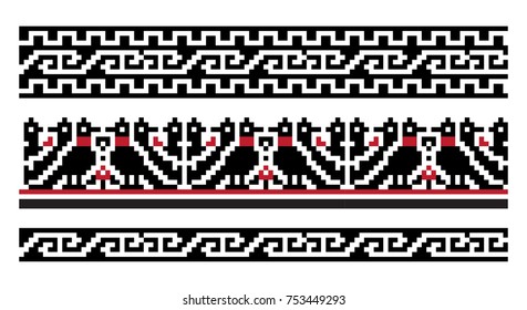 Set of vector ethnic Ukrainian seamless patterns. Slavic national ornaments in pixel style
