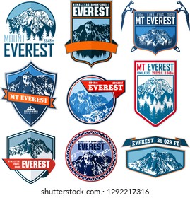set of Vector Everest mountain logo. Emblem with highest peack in world. Mountaineering label illustration