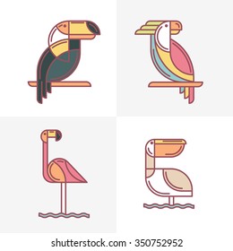 Set of vector exotic tropical birds logo icons. Colorful line birds illustration of toucan, cockatoo parrot, flamingo and pelican. Isolated design elements on white background. 