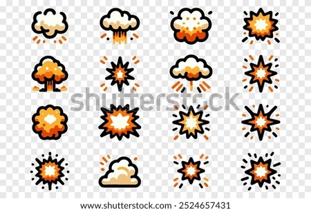 Set of vector explosions png. Explosion of different shapes on an isolated transparent background. Explosion, smoke cloud png. Explosion in cartoon style.