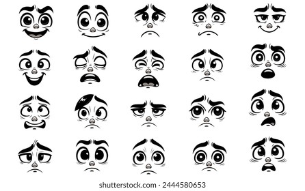 Un conjunto de expresiones de Vector de caras de dibujos animados, diferentes emociones y posturas. Ilustración vectorial.