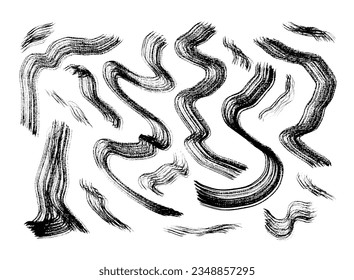 Set of vector expressive textured wavy black ink brush strokes. Mysterious dynamic isolated inky curve lines, dark concept for brush design, background, banner decor