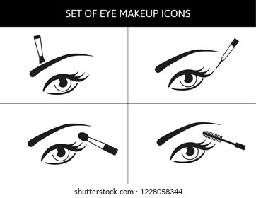 Set of vector eye icons with different  brushes for makeup. Applying beauty products and cosmetics