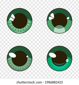 Set of vector eyes for cartoons and anime isolated on transparent background. Green eyes for dolls. Colorful character eyes. Collection of abstract eyes. Cute vector drawing. Beautiful design element