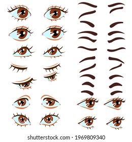 Set of vector eyes and eyebrows at different angles for character animation. Various facial expressions of the eyes. Facial expression.