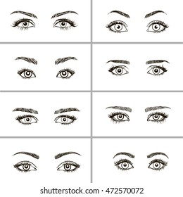 Set of vector eyes shapes.  Various types of woman eyes. 