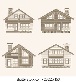 Set of vector facades of log houses. Classic wooden residential chalets architectural symbols and design elements.