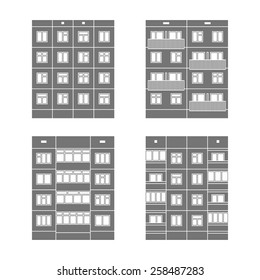 Set of vector facades of panel houses. Classic blocks of flats architectural symbols and design elements. 