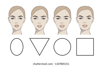 Set of vector face shapes. Oval, triangle, round, square, rectangle. Different types of face people. Various types of women faces. Set Portrait of beautiful women