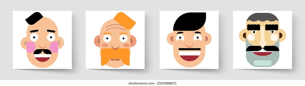 Set of vector faces. Adult men of Ukrainian nationality with emotional expression on their faces. Close-up portraits.