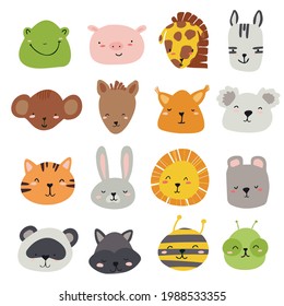 A set of vector faces of animals in bright colors for the design of children's rooms, patterns, cards.