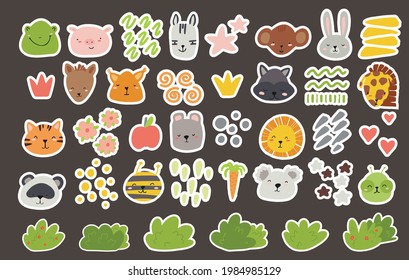 Set of vector faces of animals and decorative elements, hearts, stars. strokes in bright colors for decorating children's rooms, patterns, postcards.