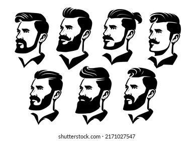 Set vector faces bearded men. Hipster with haircut, mustache, beard. Design element for emblem, badge, label