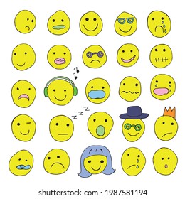 Set of vector faces with different emotions isolated on a white background. Flat cartoon style suitable for landing page, banner, flyer, sticker. Drawn in the style of doodle, comics, coloring pages