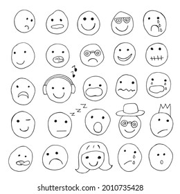 Set of vector faces with different emotions isolated on a white background. Flat cartoon style suitable for landing page, banner, flyer, sticker. Drawn in the style of doodle, comics, coloring pages