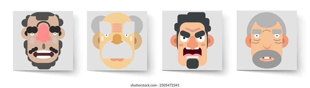 Set of vector faces. Old people of different nationalities with emotional expression on their faces. Close-up portraits in caricature style.