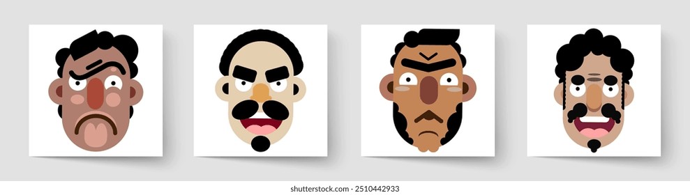 Conjunto de caras de Vector. Personas iconos de avatar. Emociones agresivas en las redes sociales. Árabes, españoles, italianos, portugueses. Rostros de personajes masculinos. Retratos de primer plano.